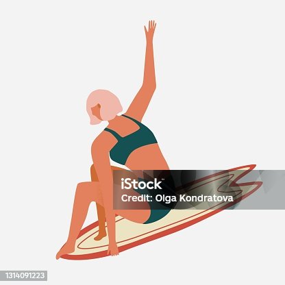 istock Surfer girl character in retro swimsuit with a shortboard. Summer illustration for printing on a T shirt, postcard, pillow, poster, textile and more. Vector illustration in hand drawn style. 1314091223