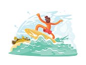Surfer guy in sunglass sliding on big ocean wave. Vector illustration