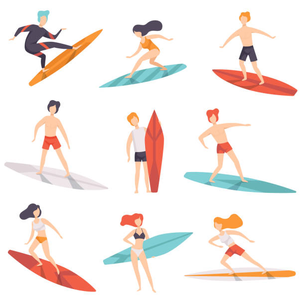 ilustrações, clipart, desenhos animados e ícones de pessoas de surfista montando pranchas definido, homens de mulheres jovens amd aproveitando as férias de verão sobre o vetor de mar ou oceano ilustração sobre um fundo branco - surf