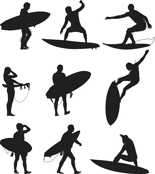 surfer surfen und tragen ihre -brett - surfer stock-grafiken, -clipart, -cartoons und -symbole