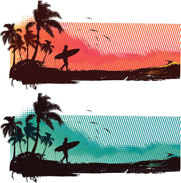 Surfing landscape Tropical surf scene, coastline with surfer walking, palm trees and seagulls. Ideal as background, banner or t-shirts motif.  beach silhouettes stock illustrations