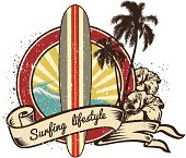 Retro vintage surf emblem with long board and  Surfing Lifestyle lettering in ribbon with hibiscus.  
