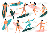 Surfing people. Surfer standing on surf board, surfers on beach and summer wave riders surfboards. Tropical hawaii lifestyle, surfing surfers in swimwear. Vector illustration isolated symbols set