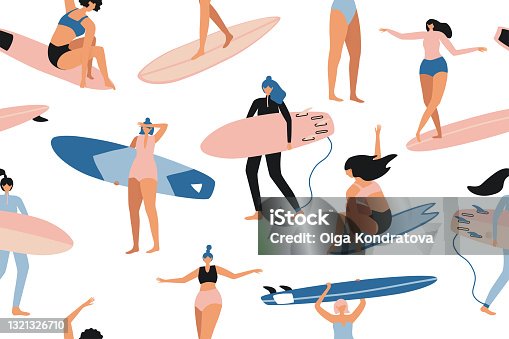istock Surfing seamless pattern in vector. Surf girls character in swimsuit with a shortboard and Longboard. Summer design for fabric, wallpaper, packaging paper, backgrounds and decor. 1321326710