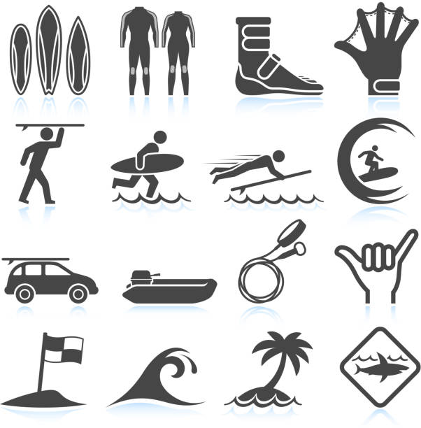 Surfing Vacation black & white royalty free vector icon set Surfing Vacation black & white icon set big wave surfing stock illustrations