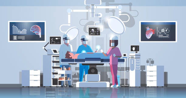 外科醫生團隊在手術臺上的病人周圍, 醫務人員戴著虛擬實境眼鏡, 看起來大腦和心臟資訊資訊資訊高科技手術室水準全長 - 手術 幅插畫檔、美工圖案、卡通及圖標