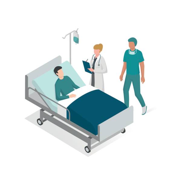 Surgery and hospitalization Surgery and hospitalization: doctor and surgeon taking care of the patient on the bed at the hospital patient in hospital bed stock illustrations