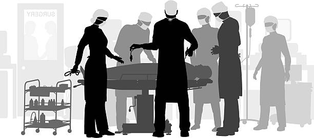 Surgery Editable vector illustration of a surgery in an operating theater. Hi-res jpeg file included. hospital silhouettes stock illustrations