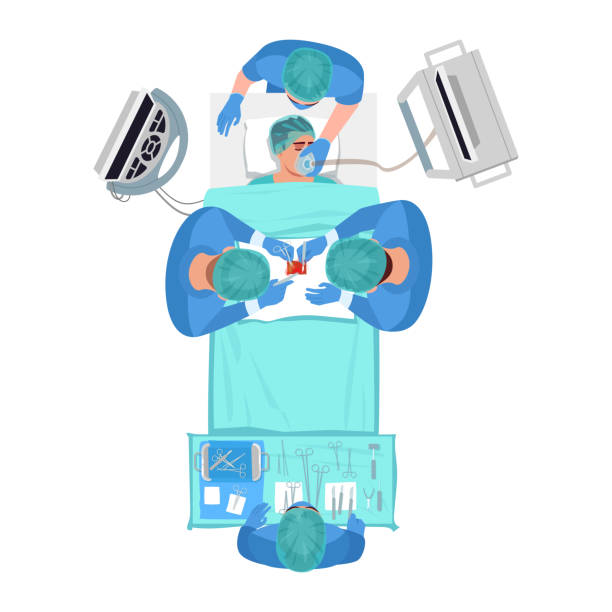 Surgical procedure semi flat RGB color vector illustration Surgical procedure semi flat RGB color vector illustration. Medical treatment with anaesthesia. Nurse help surgeon. Doctor and patient isolated cartoon characters top view on white background doctor clip art stock illustrations