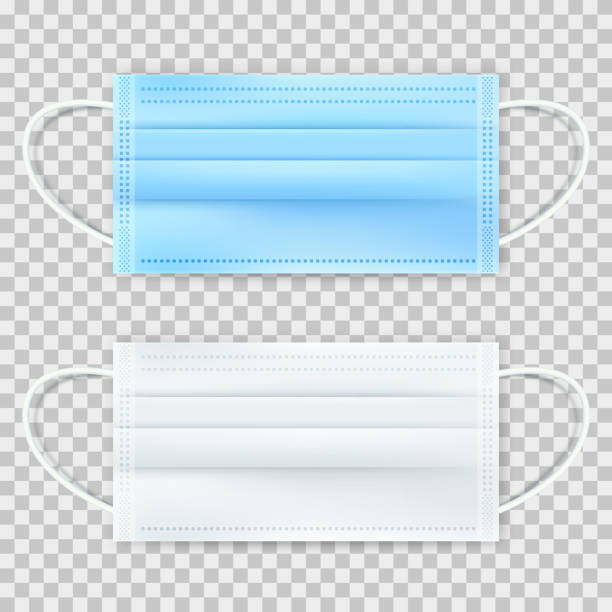 Surgical protective blue and white mask, isolated on transparent background. Vector 3d realistic illustration Surgical protective blue and white mask, isolated on transparent background. Vector 3d realistic illustration. Medical equipment for disease prevention. surgical mask stock illustrations