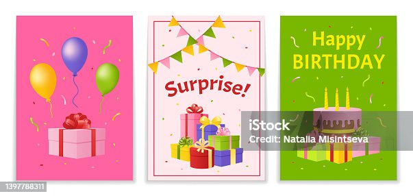istock Surprise box postcard. Happy party graphic decor objects on card. Simple cartoon holiday style poster collection, colorful balloon and flags, birthday cake with candles, vector illustration 1397788311