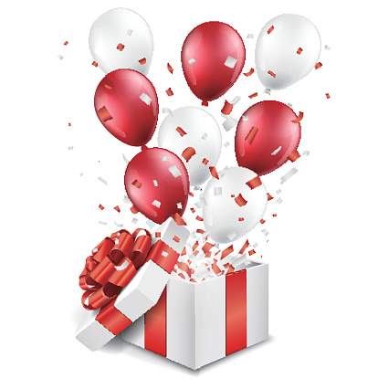 Surprise open gift box with balloons and confetti