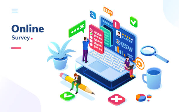 Survey or review, online social feedback or voting Survey or review, online social feedback or voting, exam at isometric office. People at internet poll or quiz, electronic exam choosing checkbox. Digital service or media rating. Client, customer info laptop backgrounds stock illustrations