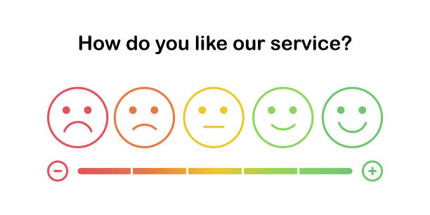 Survey satisfaction scale meter. Emoticon outline icons with progress bar. Set of the outline emoticons with different mood from angry to happy. Smiles with five emotions: disgruntled, gloomy, calm, glad, excited. Element of UI design for estimating client service. customer focused stock illustrations
