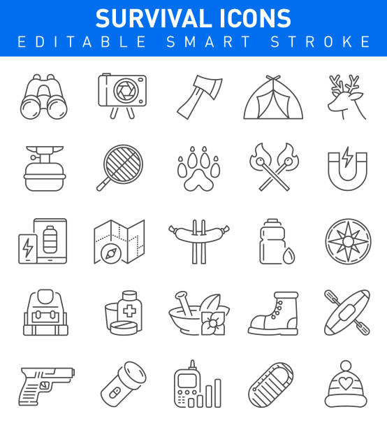 Adventure and Survival Icons with Tent, Food, Water and First Aid Kit Symbols
