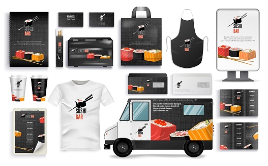 Sushi Bar Branding Set with Cafe Menu, Accessories