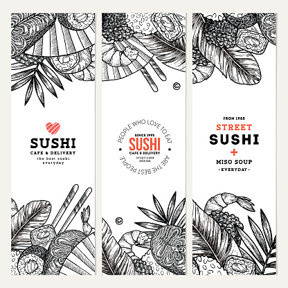 Sushi cafe and restaurant banner collection. Asian food background. Vector illustration