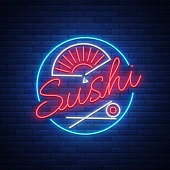 Sushi logo in neon style. Bright neon sign with text is isolated. Seafood, Japanese food. Bright billboard billboard, restaurant advertising bar of Japanese food sushi. Vector illustration.