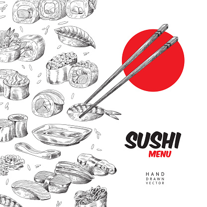 Sushi restaurant menu template, engraving vector illustration isolated.