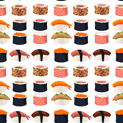 Sushi Rolls Sashimi Seafood Fish Rice Seamless Pattern Background ...
