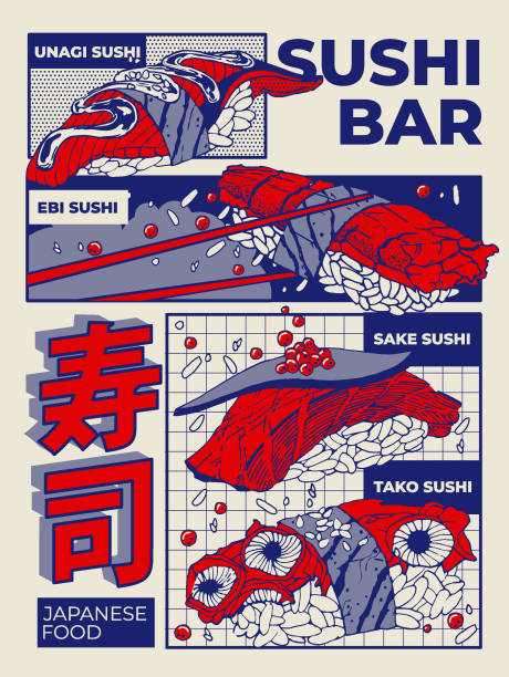 sushi set color 3.eps Vector illustration of Japanese sushi. Asian cuisine wallpaper for menu, packaging, cafe, restaurant. Sushi with octopus, shrimp, salmon, avocado, caviar, salmon, seaweed roe stock illustrations