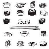 sushi set, various different types of  monochrome hand drawn sushi isolated on white background,  ink drawing menu vector set