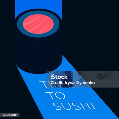 istock Sushi time banner in retro style. Time to sushi text. Isolated sushi logo with light. Japan traditional food. Food poster in 80s style. Retro template for menu sushi bar, website. Vector illustration 1427470011
