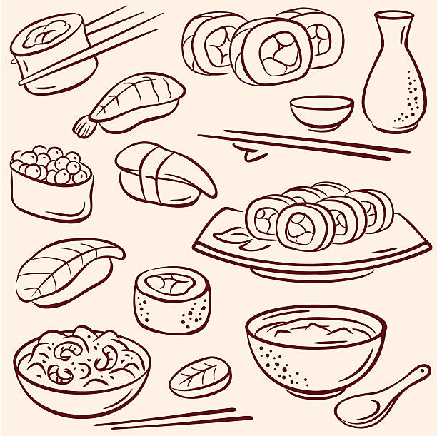 Sushi Sushi, pencil drawing illustration simple fish drawings stock illustrations