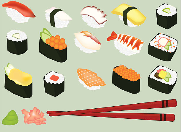 Sushi A variety of sushi including, Tamago, Uni, Ebi, Kappa Maki, California Roll, Avocado Maki, Tuna Roll, and Sashimi with wasabi, pickled ginger and chopsticks. roe stock illustrations