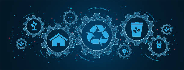 sustainability icon concept environment, green energy, recycling, conservation of resources ​in Cogs and gear wheel mechanisms concept. wireframe low polygonal blue mesh with dots, lines, and shapes. vector art illustration