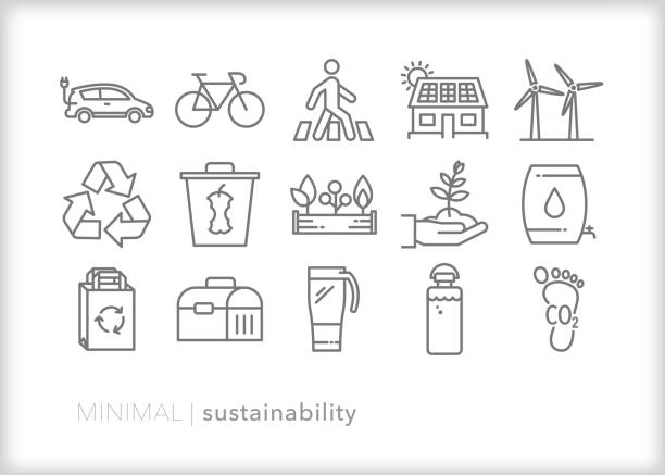 Sustainability line icon set Set of 15 sustainability icons for lowering carbon footprint, reducing waste, reusing and recycling reusable water bottle stock illustrations
