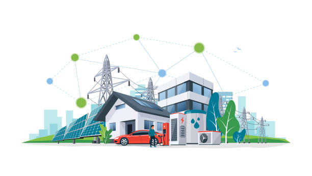 Sustainable Renewable Energy Battery Storage Network House in City vector art illustration