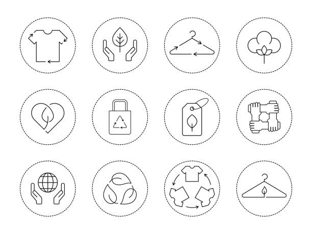 Sustainable textile industry icon set. Eco friendly, recycle clothing, fair trade, natural materials, slow fashion, concepts. Ethical fashion linear icons collection. Vector illustration, flat style, clip art. cotton stock illustrations