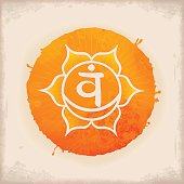 Vintage Watercolour Chakra Symbol 2. The Svadhishthana Chakra in the middle of a 6-petaled Lotus flower. Physically, Svadhishthana governs reproduction, mentally it governs creativity, emotionally it governs joy, and spiritually it governs enthusiasm.
