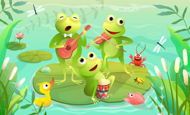 Swamp or Lake animals Music Festival or Party Kids music festival on a lake or pond with frogs playing musical instruments and singing. Funny animals music show on a swamp. Vector swamp scenery illustration for children in watercolor style. duck pond stock illustrations