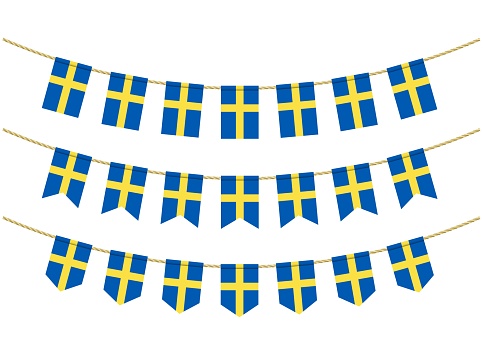 Sweden flag on the ropes on white background. Set of Patriotic bunting flags. Bunting decoration of Sweden flag