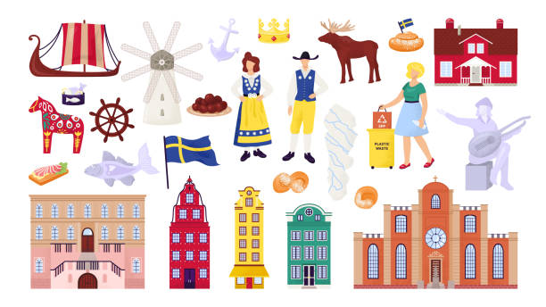 bildbanksillustrationer, clip art samt tecknat material och ikoner med sverige symboler som med stockholm stadsbyggnader, sightseeing och landmärken, svenskarna människor vektor illustrationer. skandinavisk kultur. - villa sverige