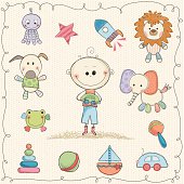 Hand drawn child's toys with little boy and frame. Seamless background.  AI, EPS, SVG and JPG.
