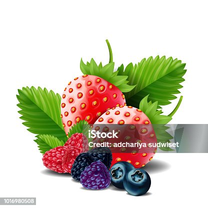 istock Sweet berries mix isolated on white background. Ripe raspberries, Strawberries and blueberries. vector illustration. 1016980508