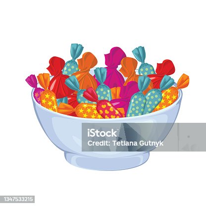 istock Sweet candies in bowl isolated on white background. Vector illustration of colorful sweets in a flat style. 1347533215