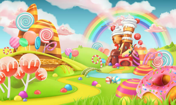 illustrazioni stock, clip art, cartoni animati e icone di tendenza di terra di caramelle dolci. sfondo del gioco dei cartoni animati. illustrazione vettoriale 3d - dolciumi