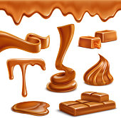 Caramel toffee melted horizontal border drops puddles appetizing spiral figures candies bar sweets realistic set vector illustration