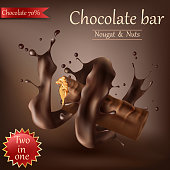 Vector realistic sweet chocolate bar with nougat, nuts and caramel wrapped in spiral melted chocolate isolated on brown. Chocolate bar ads, packaging design element, advertising poster template