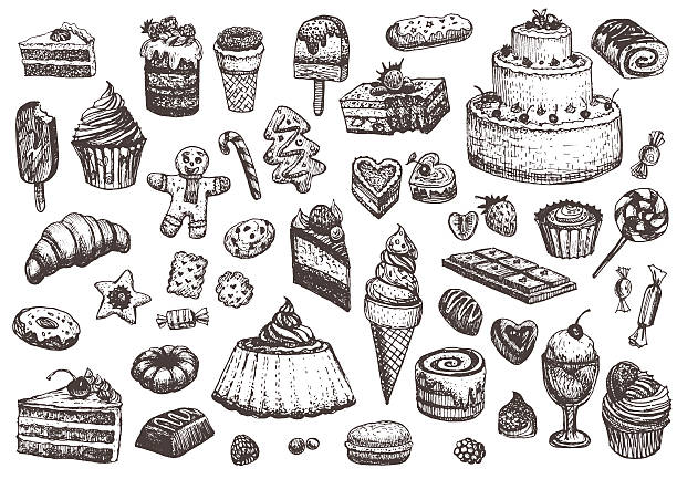 Sweet collection of drawings. Sweet collection of drawings. Illustrations of cakes, pies, biscuits, ice cream, cookies, sweets and other confectionery products. Hand drawn sketch in vintage style. candy drawings stock illustrations