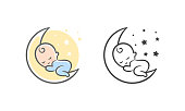 Sweet dream illustration. The baby sleeps for a moon. White background.