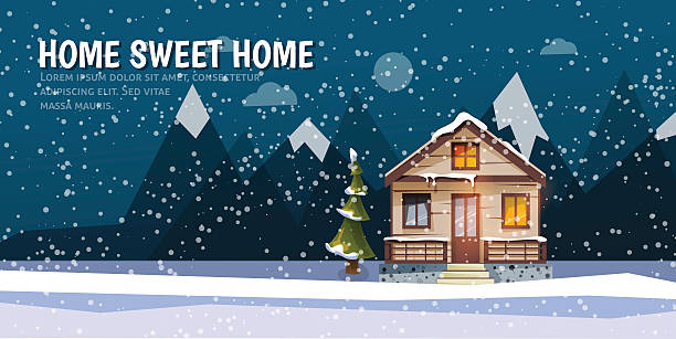 Sweet family home among mountains. A winter banner in flat Sweet family home among mountains. A winter banner in flat style. Rent of the home. Vector illustration christmas lights house stock illustrations