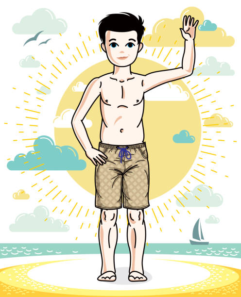 甘い小さな男の子若いティーン立っているカラフルなスタイリッシュなビーチのショート パンツで。ベクトルの魅力的な子供のイラスト。ファッションのテーマのクリップアート。 - スクール水着点のイラスト素材／クリップアート素材／マンガ素材／アイコン素材