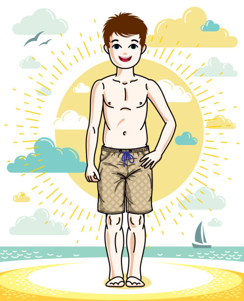 甘い小さな男の子若いティーン立っているファッショナブルなビーチのショート パンツを身に着けています。ベクターの子供のイラスト。ファッションのテーマのクリップアート。 - スクール水着点のイラスト素材／クリップアート素材／マンガ素材／アイコン素材