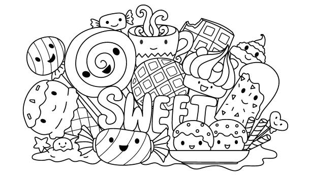 Sweet monster cute sweets monsters for design element and coloring book page for kids. Vector illustration cupcakes coloring pages stock illustrations