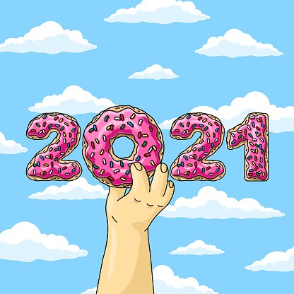 Sweet New Year 2020 from donuts, man holding cartoon donut with pink glaze against blue sky wish clouds.